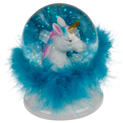 Out Of The Blue Glitter Globe, Unicorn, With Feathers & Led Asst