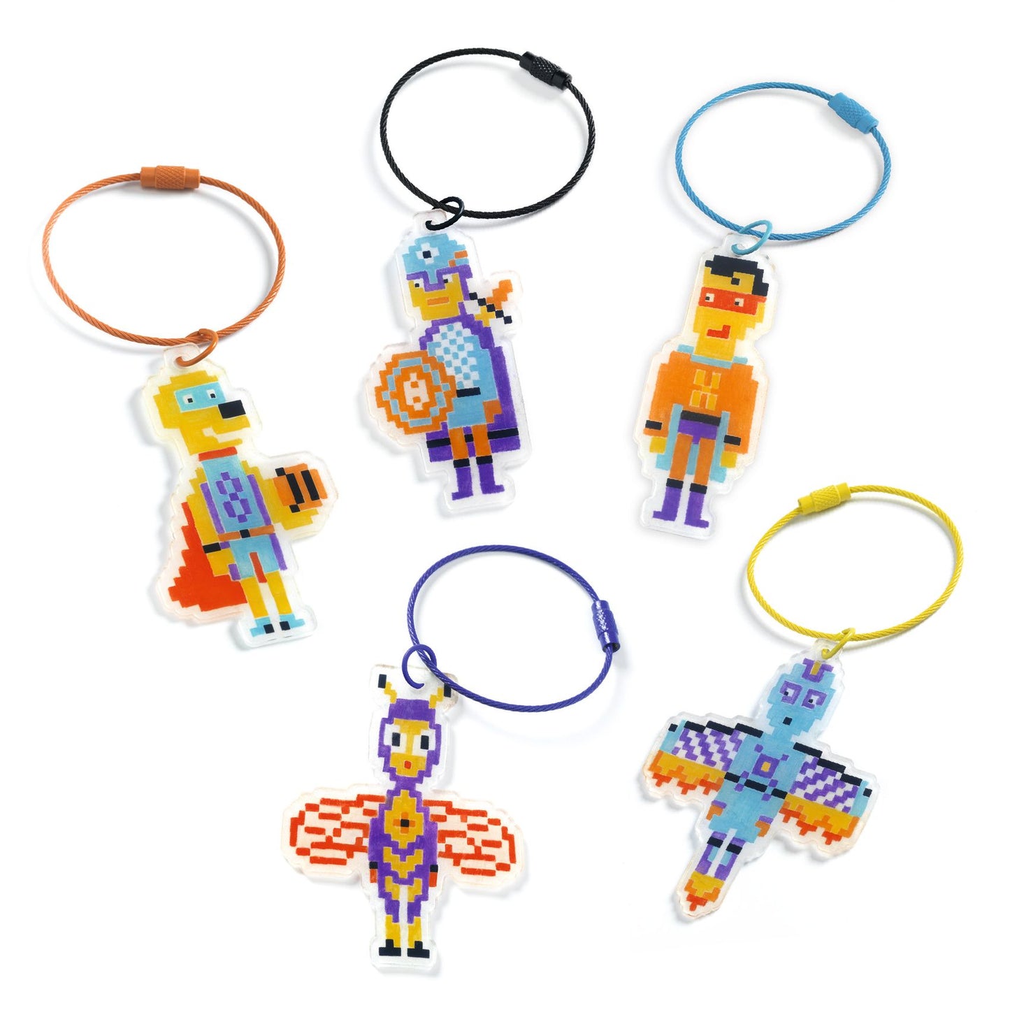 Djeco DIY Pixel Art Heroes Shrink Plastic Key Chains To Make