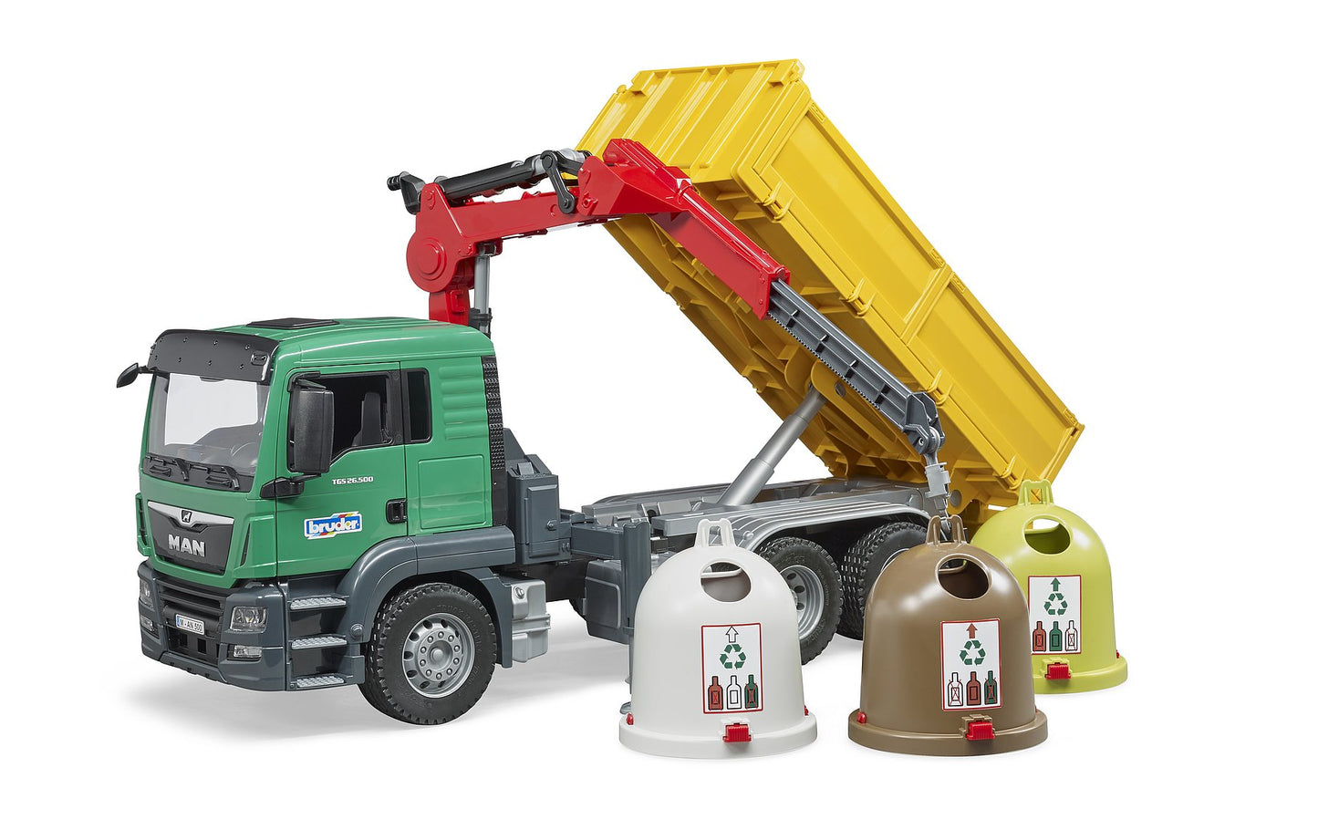 Bruder Man TGS Truck With 3 Glass Recycling Containers & Bottles