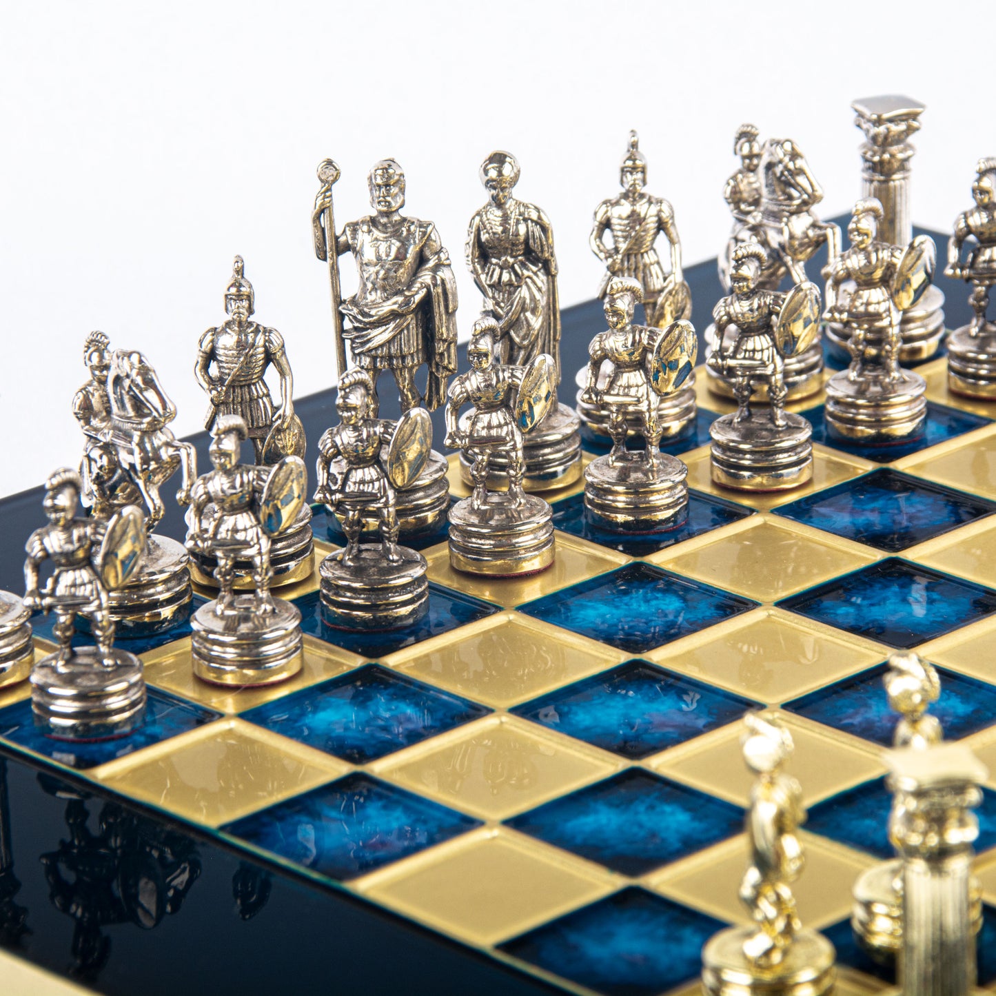 Manopoulos Greek Roman Period Metal Chess Set with Gold/Silver Chessmen And Bron
