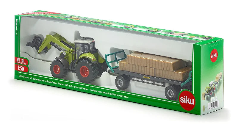 Siku 1:50 Claas Tractor With Bale Grab & Oehler Trailer
