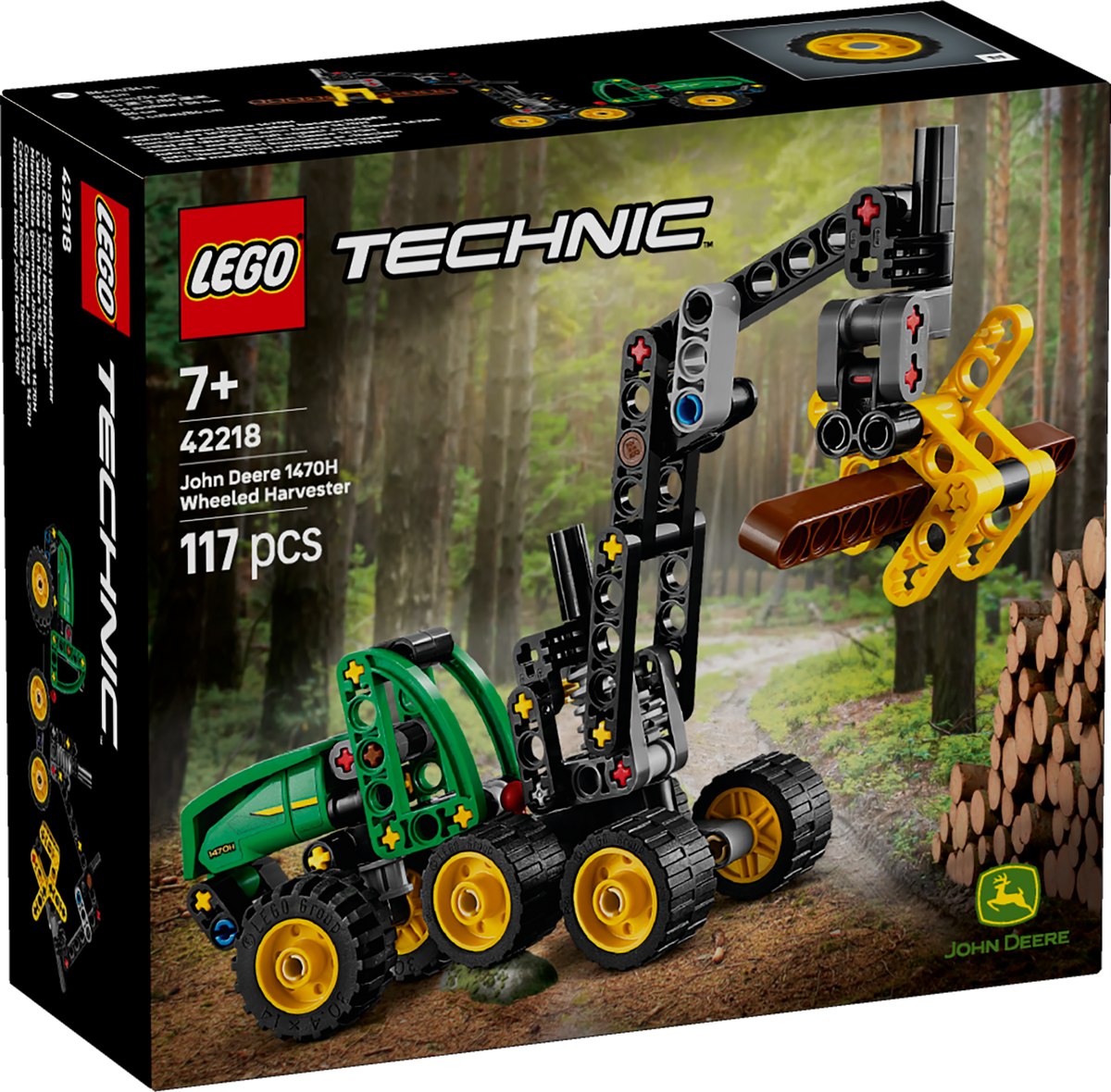 LEGO Technic John Deere 1470H Wheeled Harvester set packaging with forest background
