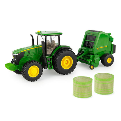 Ertl John Deere 1:32 Scale 7270R Tractor with 560R Baler and Round Bale