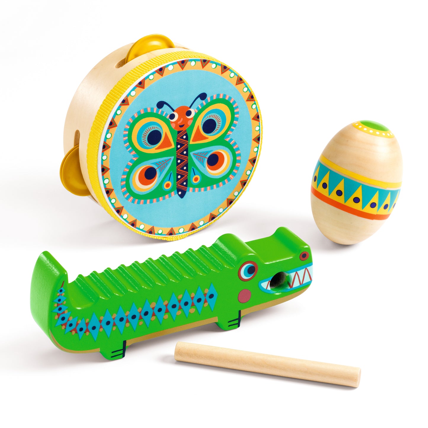 Djeco Set Of Percussions : Tambourine, Maracas, Guiro Animambo