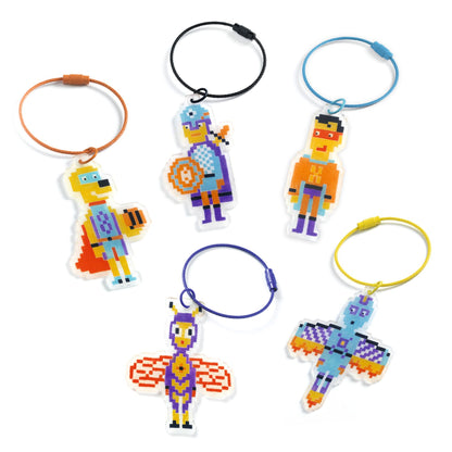 Djeco DIY Pixel Art Heroes Shrink Plastic Key Chains To Make