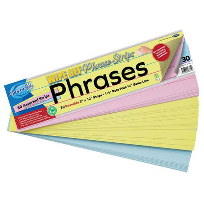Clever Kidz Pkt30 WipeOff Phrase Strips 3''X12''  Coloured