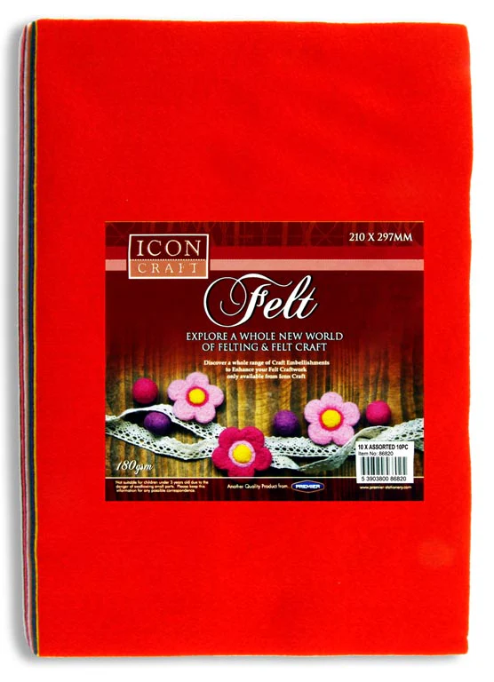 Icon Craft Pkt10 A4 Asst Colours Felt Sheets