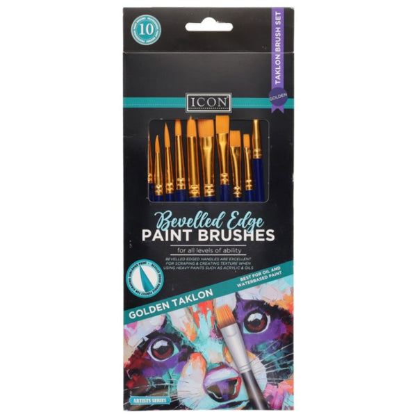 Icon 10Pce Brush Set  Golden Taklon Beveled Edge
