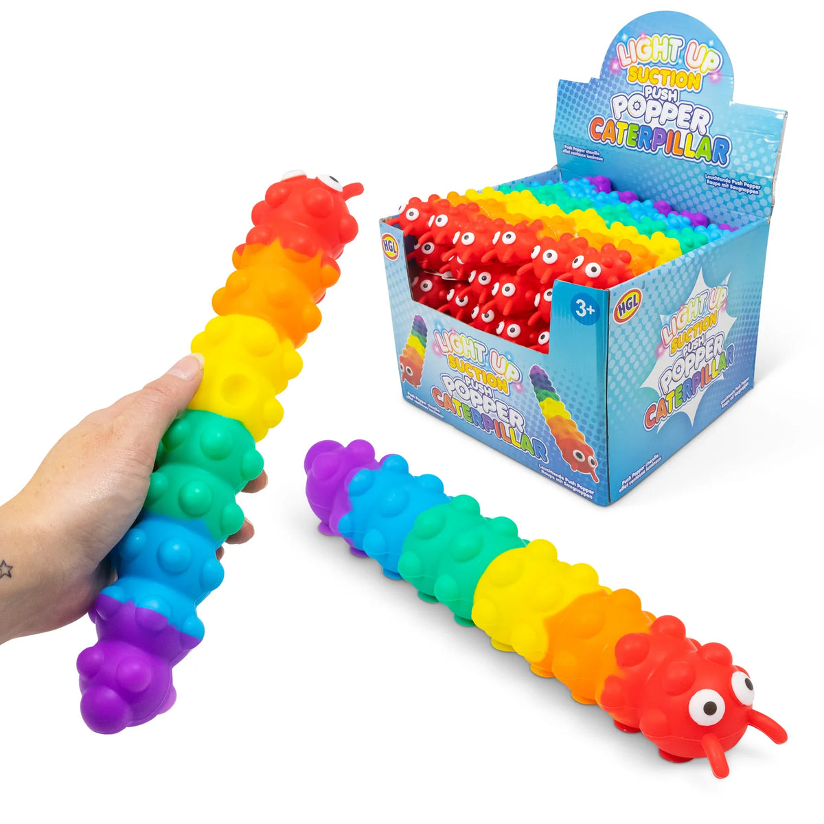 HGL Light Up Suction Push Popper Rainbow Caterpillar