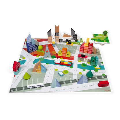 Janod Kubix 60-Block Set + City Puzzle