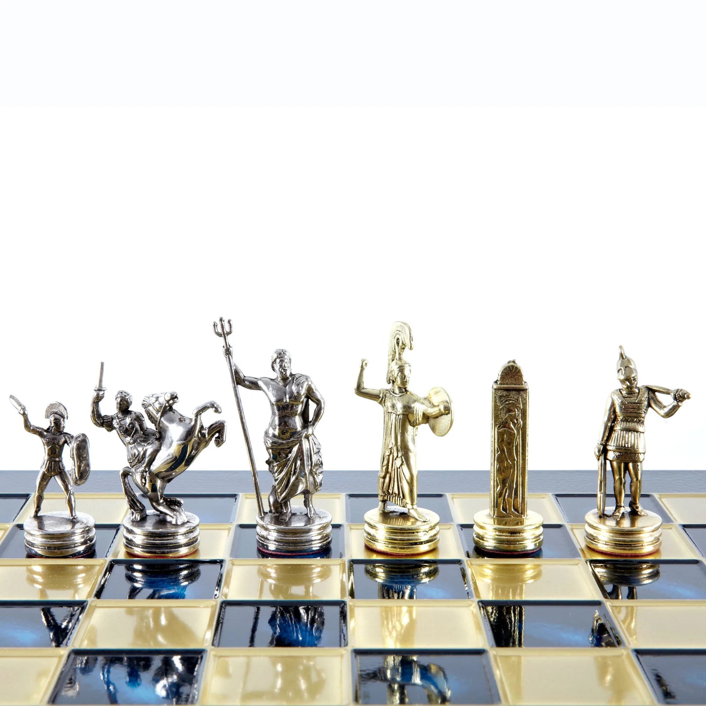 Manopoulos Greek Mythology Metal Chess Setwith gold/silver chessmen and bronze c