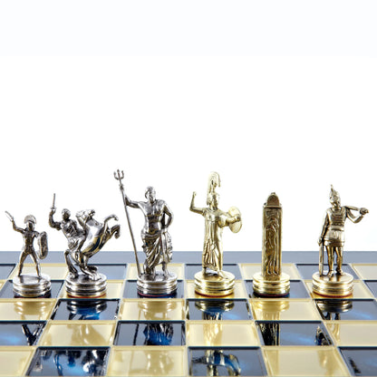 Manopoulos Greek Mythology Metal Chess Setwith gold/silver chessmen and bronze c