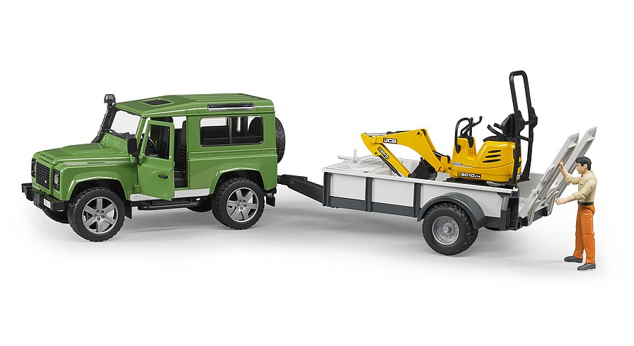 Bruder Land Rover Defender Trailer, JCB Micro Excav. & Worker