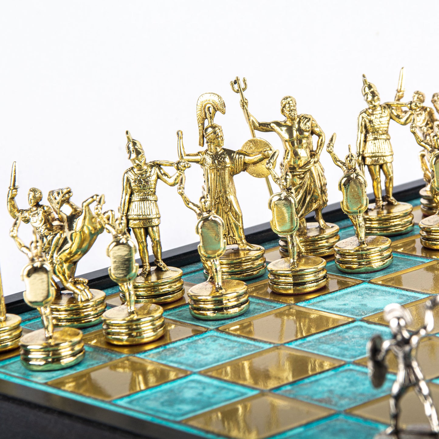 Manopoulos Greek Mythology Metal Chess Set in Wooden Box With Gold/Silver Chessm