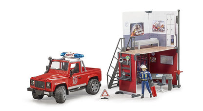 Bruder Bworld Fire Station W/Land Rover & Fireman