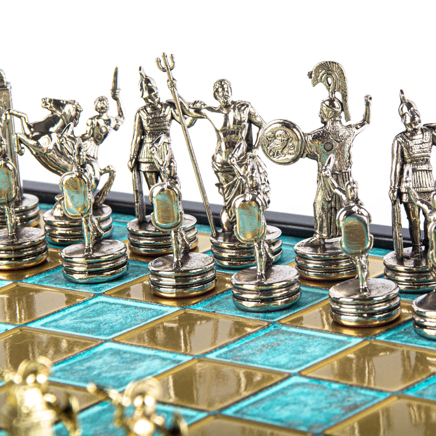Manopoulos Greek Mythology Metal Chess Set in Wooden Box With Gold/Silver Chessm