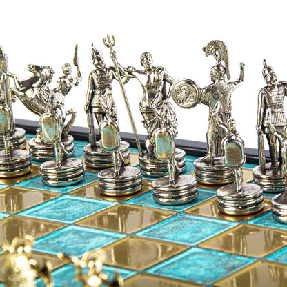 Manopoulos Greek Mythology Metal Chess Set in Wooden Box With Gold/Silver Chessm