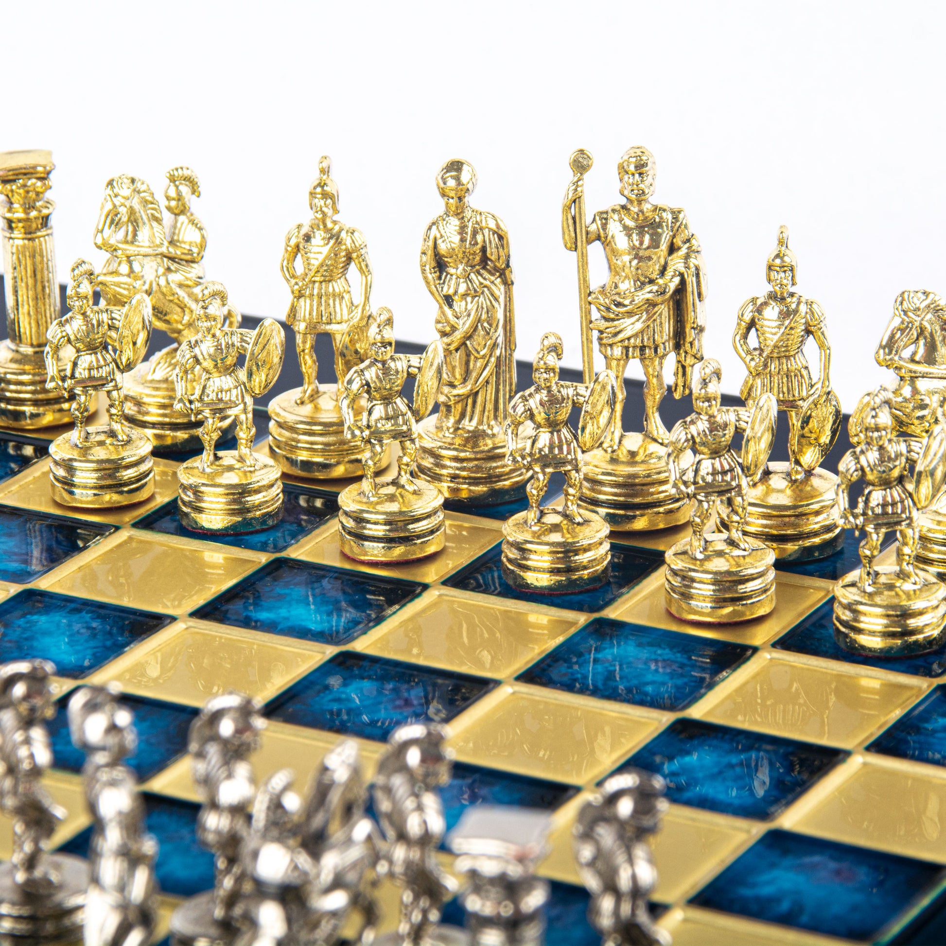 Manopoulos Greek Roman Period Metal Chess Set with Gold/Silver Chessmen And Bron