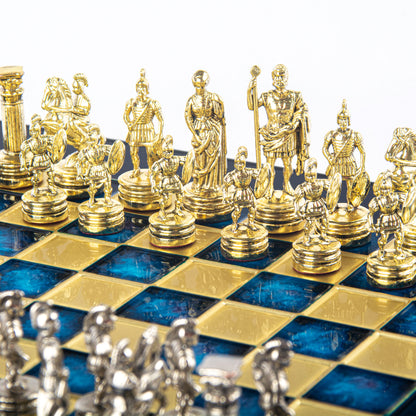 Manopoulos Greek Roman Period Metal Chess Set with Gold/Silver Chessmen And Bron