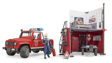 Bruder Bworld Fire Station W/Land Rover & Fireman