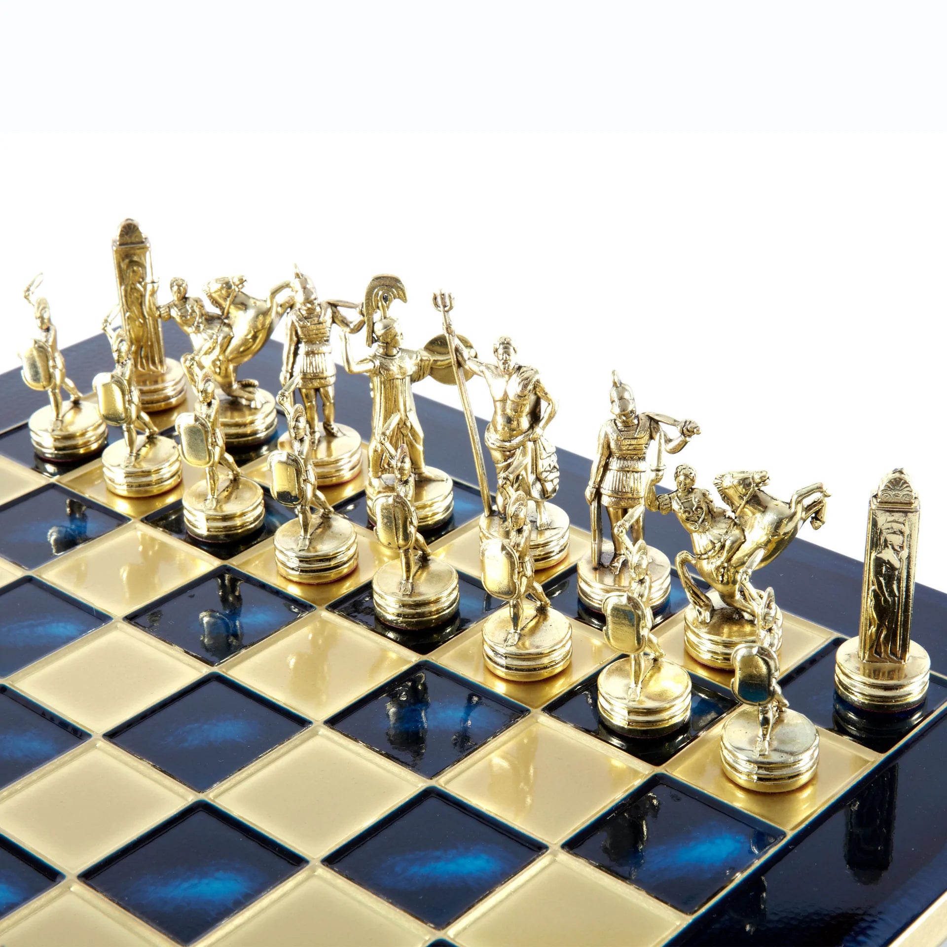 Manopoulos Greek Mythology Metal Chess Setwith gold/silver chessmen and bronze c