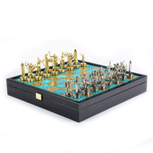 Manopoulos Greek Mythology Metal Chess Set in Wooden Box With Gold/Silver Chessm