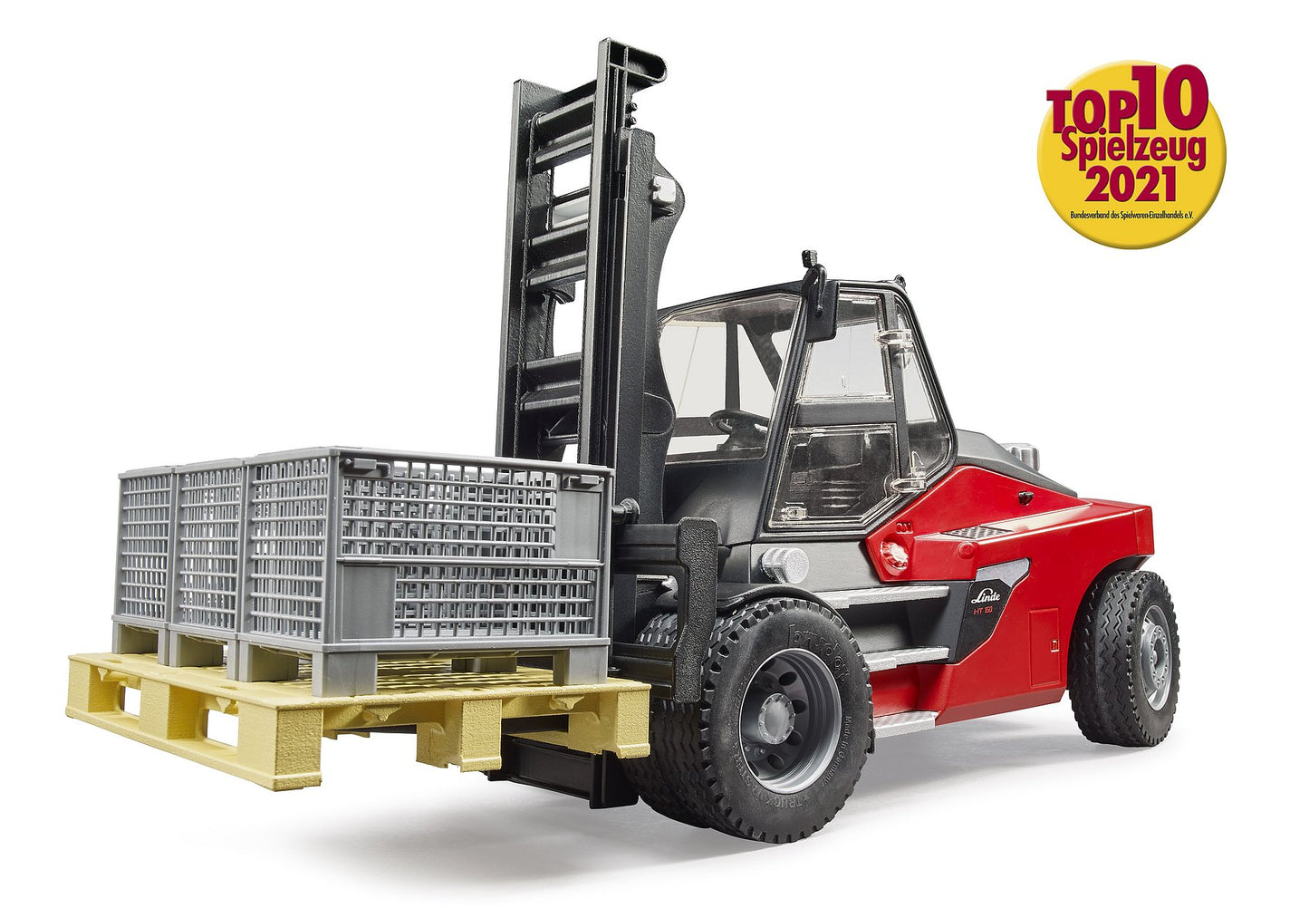 Bruder Linde HT160 Forklift W/Pallet & 3 Pallet Cages