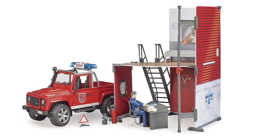 Bruder Bworld Fire Station W/Land Rover & Fireman