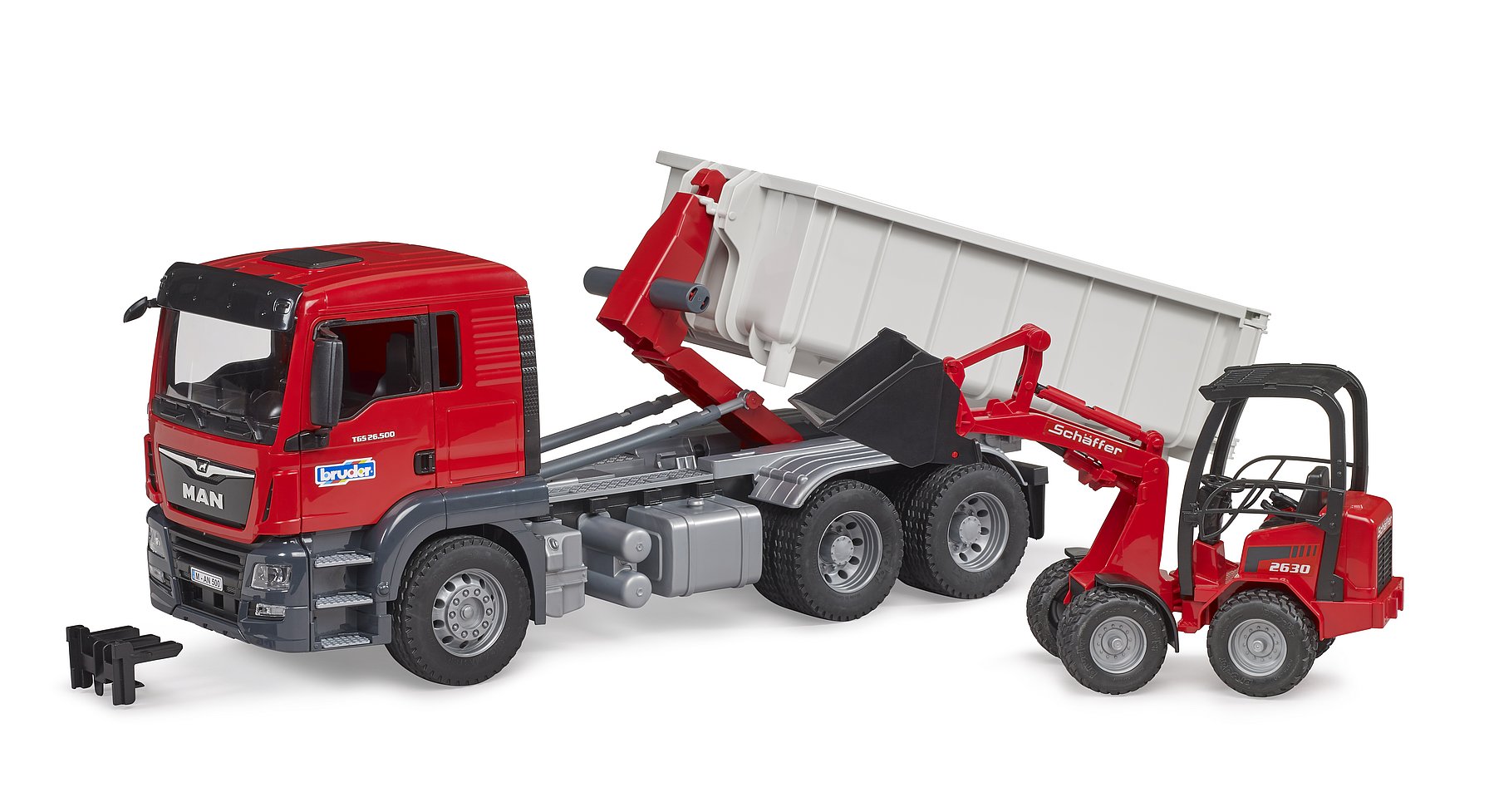 Bruder MAN TGS Truck W/Roll-Off-Container & Schaffer Compact Loader